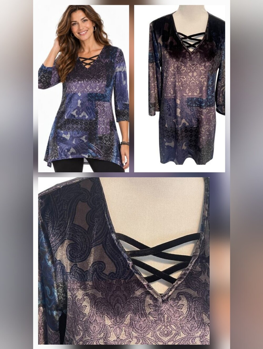 Chico's | Midnight Velvet Paisley Patchwork Tunic Top | Large